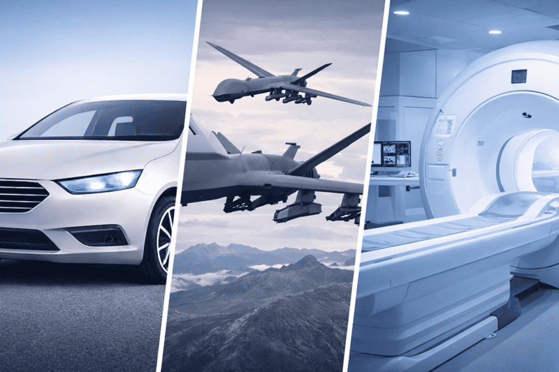 PMT Consulting industries graphical illustration of medical, automotive and defense industry